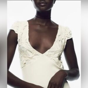 NEW Zara Elegant Cream Ribbed lace detail Dress Medium